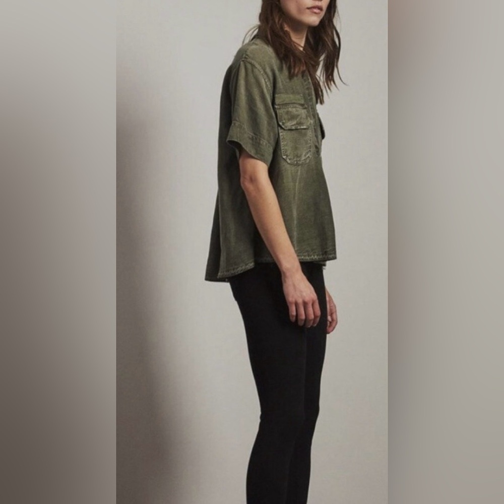 Adriano Goldschmied Anson V-neck Top Army Olive Green Tencel Linen Studded L - Picture 4 of 6